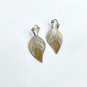 Leaf Dangle Earrings‎ Silver Tone Rhinestone Brown Cream Enamel Jewelry